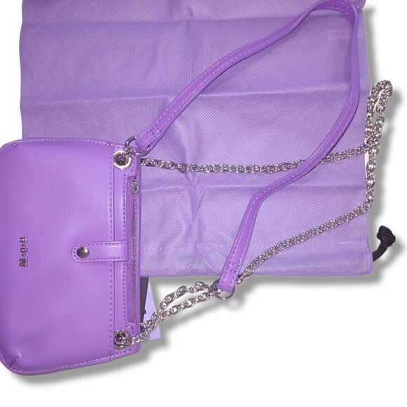 H.O.W. Purple Bag Silver Chain Shoulder Crossbody Zip Top Front Snap 3 Compartme - Picture 7 of 9
